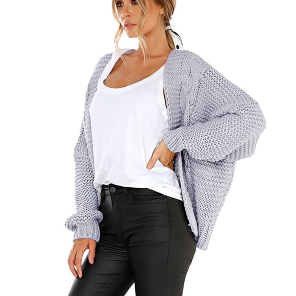 Light GRAY Chunky Cable Knit Cardigan - Picture 6 of 7